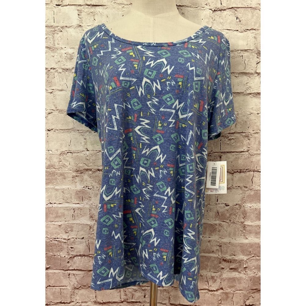 LuLaRoe Womens Classic T Knit Top Heathered Blue Retro 80s Multi Color Size L